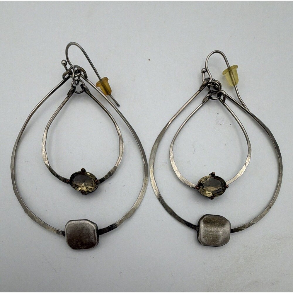 Silver Tone Double Teardrop Dangle Drop Earrings Gray Round Crystal Hook 3"